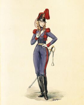 Rule 34 | 1girl, belt, black hat, blue jacket, boots, commentary request, epaulettes, faux traditional media, flat chest, french army, full body, gloves, hand on own hip, hat, hat tassel, highres, jacket, knee boots, medium hair, military hat, military jacket, original, pants, paper background, parted lips, ringlets, saber (weapon), scabbard, schpaghettizie1, shako cap, sheath, sheathed, signature, smile, solo, standing, striped clothes, striped pants, sword, sword tassel, tareme, tassel, vertical-striped clothes, vertical-striped pants, weapon, weapon tassel, white belt, white gloves
