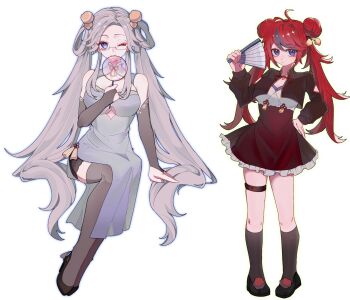 2girls ;) absurdres ahoge aotsuki_eito black_hair black_jacket black_shoes black_skirt blue_eyes breasts china_dress chinese_clothes chinese_commentary cleavage cleavage_cutout closed_mouth clothing_cutout commentary_request cropped_jacket double_bun dress elbow_gloves expressionless eyelashes fingerless_gloves flower_knot folding_fan frilled_skirt frills full_body genderswap genderswap_(mtf) glasses gloves grey_dress grey_gloves grey_thighhighs hair_bun hair_ornament hair_rings hand_fan hand_on_own_hip high-waist_skirt highres holding holding_fan invisible_chair jacket kneehighs large_breasts long_hair long_sleeves medium_breasts multicolored_hair multiple_girls nidengdaowole166 one_eye_closed pom_pom_(clothes) pom_pom_hair_ornament red_hair semi-rimless_eyewear shoes side_slit sidelocks sitting skirt sleeve_slit smile socks streaked_hair sumino_takumi tassel the_hundred_line_-last_defense_academy- thigh_strap thighhighs tuanshan twintails two-tone_hair underboob underboob_cutout very_long_hair