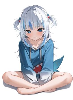 1girl absurdres barefoot blue_eyes blue_hair blue_hoodie blush closed_mouth feet fins fish_tail gawr_gura gawr_gura_(1st_costume) highres hololive hololive_english hood hoodie indian_style long_hair long_sleeves looking_at_viewer multicolored_hair no_pants shark_girl shark_tail shuvi_(shuvi1125) simple_background sitting solo streaked_hair tail toes two_side_up virtual_youtuber white_background white_hair
