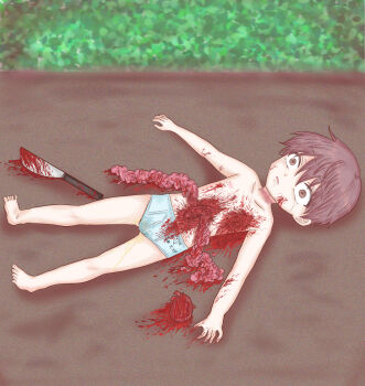 1boy aged_down bare_shoulders blood blood_drip blood_on_clothes blood_on_face bloody_knife breasts briefs brown_eyes brown_hair choked corpse death dying empty_eyes ero_guro field guro heart ikedanemuru incontinence intestines knife legs male male_focus male_gore male_underwear necrophilia original pee peeing peeing_self shocked_pupils shota solo solo_focus stab thighs underwear