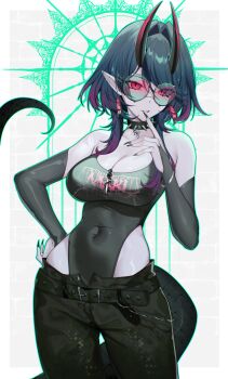 1girl black_collar black_gloves black_hair black_nails black_pants breasts bridal_gauntlets cleavage collar covered_navel elbow_gloves glasses gloves gradient_horns hair_between_horns hand_on_own_hip highleg highleg_leotard highres horns indie_virtual_youtuber large_breasts leotard long_hair maki_(oni_kanzei) multicolored_horns oni_kanzei pants pink-tinted_eyewear pink_horns pointy_ears round_eyewear snake_girl snake_tail solo spiked_collar spikes tail tinted_eyewear two-tone_eyewear virtual_youtuber