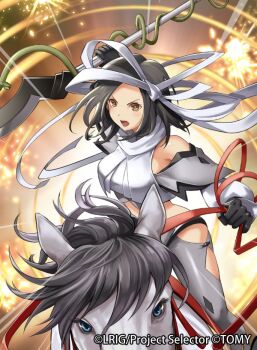 1girl black_gloves black_hair breasts copyright_notice elbow_gloves gloves grey_thighhighs holding holding_polearm holding_weapon horse horseback_riding i-la lance looking_at_viewer medium_breasts medium_hair official_art open_mouth polearm riding shirt solo teeth thighhighs upper_teeth_only weapon white_shirt wixoss yellow_eyes yuki_(wixoss)