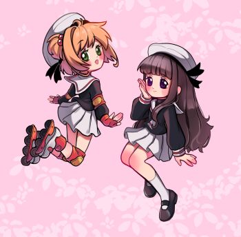 Rule 34 | 1girl, 2girls, ;d, antenna hair, backpack, bag, black hair, black jacket, black shirt, black shoes, blunt bangs, blush, brown hair, cardcaptor sakura, closed mouth, commentary, commentary request, daidouji tomoyo, full body, green eyes, hair intakes, hand on own cheek, hand on own face, hat, highres, inline skates, jacket, kinomoto sakura, long hair, long sleeves, looking at viewer, looking to the side, mary janes, multiple girls, neckerchief, one eye closed, open mouth, pleated skirt, purple eyes, roller skates, sailor collar, school uniform, shirt, shoes, short hair, simple background, skates, skirt, smile, socks, solo, standing, tomoeda elementary school uniform, untranslatable commentary, white background, white hat, white neckerchief, white sailor collar, white skirt, white socks