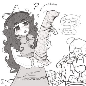 1girl ? arrow_(symbol) bow box dildo english_text flying_sweatdrops gift greyscale hair_bow hair_ribbon hairband heart holding horse_dildo huge_dildo jewelry long_hair monochrome necklace nokota_(roseary) open_mouth original ribbon rocking_horse roseary shirt skirt solo speech_bubble stuffed_animal stuffed_toy teddy_bear teeth twintails upper_teeth_only