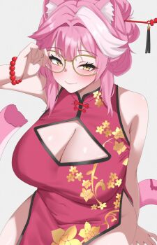 1girl adjusting_eyewear alternate_costume alternate_hairstyle animal_ear_fluff animal_ears bare_arms bead_bracelet beads bracelet breasts center-flap_bangs china_dress chinese_clothes cleavage cleavage_cutout closed_mouth clothing_cutout commentary covered_navel double-parted_bangs dress floral_print floral_print_dress glasses grey_background hair_bun hand_up hashtag-only_commentary highres hololive hololive_english huge_breasts jewelry looking_at_viewer panther_ears panther_girl panther_tail pink_hair print_dress raora_panthera short_hair side_slit sidelocks simple_background sitting sleeveless sleeveless_dress solo tail virtual_youtuber white_streaks yellow-framed_eyewear yellow_eyes yobi_(ybpac18)