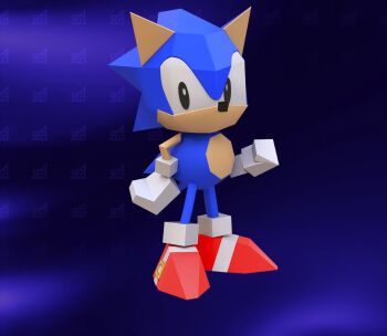 1boy 3d absurdres artist_request black_eyes blue_background blue_fur blue_hair clenched_hand furry furry_male gloves hand_on_own_hip hedgehog highres logo looking_at_viewer low_poly male_focus official_art pointy_ears quill red_shoes shoes solo sonic_(series) sonic_the_hedgehog standing waifu2x