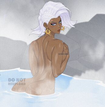 1girl artist_name ass blue_eyes breasts covering_breasts covering_privates curvy dark-skinned_female dark_skin earrings highres huge_ass jewelry kevin_raganit large_breasts marvel signature solo storm_(x-men) water white_hair x-men