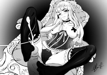 Rule 34 | absurdres, bdsm, black footwear, black panties, blonde hair, bondage, bound, breasts, breasts out, censored nipples, cum, dominatrix, elf, evil smile, foot focus, footjob, highres, huge filesize, lingerie, maskodd, masochism, monochrome, monochrome background, nipples, no background, original, panties, penis, penis grab, playing games, pointy ears, seat, sex ed, sex slave, signature, signature, smile, thighhighs, throne, underwear
