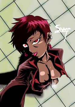 1girl breasts dark-skinned_female dark_skin formal_clothes huge_breasts large_breasts red_hair shin_art69 suit tan the_king_of_fighters vice_(kof)