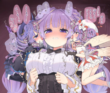 3girls angel angel_and_devil angel_wings angello_vaalmonica black_bow black_corset black_dress black_thighhighs blue_eyes bow braid breasts chibi commentary_request corset demon_girl demon_horns demon_wings dimonno_vaalmonica double_bun dress duel_monster embarrassed frilled_dress frills hair_bun hat highres homura_subaru horns large_breasts licking licking_another's_face long_hair long_sleeves looking_at_another multiple_girls open_mouth orange_eyes pink_hair purple_eyes purple_hair selettrice_vaalmonica speech_bubble thighhighs thighs tongue tongue_out translation_request twin_braids very_long_hair white_dress wings yu-gi-oh!