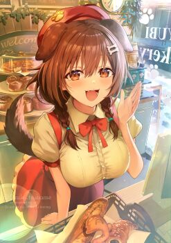 1girl :d absurdres alternate_costume animal_ears bakery bone_hair_ornament bow bowtie braid bread breasts brown_eyes brown_hair brown_tail cartoon_bone collared_shirt commentary_request day dog_ears dog_girl dog_tail double-parted_bangs extra_ears fang food frilled_skirt frills hair_between_eyes hair_ornament hair_over_shoulder hairclip hand_up hat highres hololive indoors inugami_korone large_breasts leaning_forward long_hair looking_at_viewer low_twin_braids open_mouth puffy_sleeves red_bow red_bowtie red_hat red_skirt shirt shop short_sleeves skirt smile solo suspender_skirt suspenders tail tsubameno twin_braids virtual_youtuber white_shirt