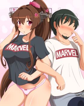 10s 1boy 1girl artist_self-insert bad_id bad_pixiv_id black_hair bow bow_panties breasts brown_hair character_name clothes_writing commentary_request company_name highres jewelry kantai_collection large_breasts locked_arms long_hair marvel no_pants panties pink_panties ponytail red_eyes revision ring shin'en-san_(shin'en) shin'en_(gyokuro_company) shirt short_hair t-shirt underwear very_long_hair wedding_band yamato_(kancolle)
