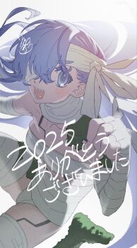 Rule 34 | 1girl, bandage over one eye, bandaged head, bandaged leg, bandages, breasts, cleavage, commentary request, fate/grand order, fate (series), highres, kingprotea (fate), kingprotea (second ascension) (fate), long hair, looking at viewer, moss, naked bandage, open mouth, purple eyes, purple hair, smile, solo, very long hair, walk inari