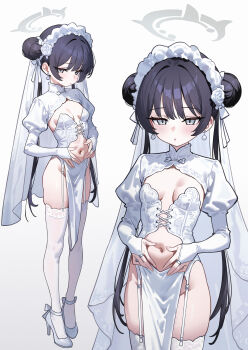 1girl :o absurdres alternate_costume black_hair blue_archive blush breasts bridal_gauntlets bridal_veil center_opening closed_mouth collage commentary cowboy_shot double_bun dress earrings eco_376124 frilled_hairband frills full_body garter_straps grey_eyes grey_halo hair_bun hairband halo hands_on_own_stomach high_heels highres jewelry juliet_sleeves kisaki_(blue_archive) long_hair long_sleeves looking_at_viewer multiple_views navel open_mouth pelvic_curtain puffy_sleeves revealing_clothes shoes shrug_(clothing) simple_background small_breasts standing symbol-only_commentary thighhighs twintails veil very_long_hair wedding_dress white_background white_dress white_shoes white_shrug white_thighhighs