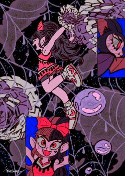 1girl :3 bat_(animal) black_hair black_shorts bow bubble cheerleader closed_eyes closed_mouth commentary draculaura dress eyelashes facial_mark fangs from_side full_body hair_bow heart heart_facial_mark holding holding_pom_poms long_hair midair milsae monster_high monster_high_g3 multicolored_hair multiple_views open_mouth pink_bow pink_dress pink_eyes pink_hair pointy_ears pom_pom_(cheerleading) pom_poms ponytail shoes shorts shorts_under_dress signature silk sleeveless sleeveless_dress smile socks spider_web split-color_hair two-tone_hair vampire white_shoes white_socks