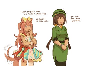 1girl 2girls :d agnes_digital_(full-color_fangirling)_(umamusume) agnes_digital_(umamusume) animal_ears belt blue_eyes blush bow bowler_hat brown_hair buttons closed_eyes collared_shirt commentary cowboy_shot double-breasted drooling english_commentary english_text formal_clothes green_hat green_jacket hair_bow hat hayakawa_tazuna highres horse_ears horse_girl horse_racing_track horse_tail jacket long_hair mouth_drool multicolored_skirt multiple_girls necktie nonnormalguy open_mouth pink_hair red_belt shirt simple_background single_thighhigh single_wrist_cuff skirt skirt_suit sleeveless smile split_ponytail suit sweatdrop tail tail_wagging thighhighs two_side_up umamusume white_background white_shirt white_thighhighs wrist_cuffs yellow_bow yellow_necktie