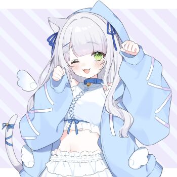1girl ;3 animal_collar animal_ears arm_up bell blue_hoodie blunt_bangs blush breasts cat_ears cat_girl cat_tail collar commission crop_top diagonal-striped_background fang green_eyes grey_hair grey_tail hair_ribbon halterneck hand_up happy highres hood hood_up hoodie indie_virtual_youtuber jingle_bell letterboxed long_sleeves maten_matyu meno_draw midriff mini_wings navel neck_bell no_halo one_eye_closed open_clothes open_hoodie open_mouth outside_border pale_skin paw_pose purple_background raised_eyebrows ribbon second-party_source shirt shorts sleeves_past_wrists small_breasts smile solo striped_background tail tail_bell tail_ornament tail_ribbon upper_body wavy_hair white_shirt white_shorts wings