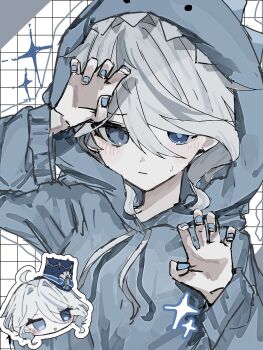 1girl alternate_costume animal_costume animal_hood blue_eyes blue_nails blush chibi chibi_inset claw_pose cosplay dinosaur_hood eyelash_ornament furina_(genshin_impact) genshin_impact grid_background hair_between_eyes heterochromia highres hood hood_up kigurumi long_sleeves looking_at_viewer mirasan_x mismatched_pupils nail_polish onesie shark_costume sparkle sweatdrop upper_body white_hair