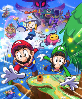 2girls 3boys 6+others ;d aircraft airship arm_up armlet black_eyes blonde_hair blue_overalls blue_pants blue_sky bowser bracelet brothers brown_hair brown_shoes cannon claws cloud connie_(mario) crown day diving_mask dorrie dress dulles_(mario) ecks_(mario) elbow_gloves ellow_(mario) facial_hair fence flying gloves goggles grass green_hat green_shirt grin hat highres holding holding_watering_can horizon horns ireen_(mario) jewelry koopa_clown_car long_hair long_sleeves loog_(mario) looking_at_viewer luigi mario mario_&amp;_luigi:_brothership mario_&amp;_luigi_rpg mario_(series) mini_crown motion_lines multiple_boys multiple_girls multiple_others mustache nintendo ocean one_eye_closed open_mouth outdoors overalls pants path picket_fence pig pink_dress princess_peach red_eyes red_hair red_hat red_shirt riding road sharp_teeth shirt shoes short_hair short_sleeves shun_(mario) shy_guy siblings sky smile snoutlet_(mario) speed_lines spiked_armlet spiked_bracelet spiked_shell spikes standing star_(symbol) teeth ten_(mario) tree turtle_shell v-shaped_eyebrows water watering_can white_gloves white_wings wide-eyed wings wooden_fence yamari_(ya_mari_6363) yellow_eyes zokket