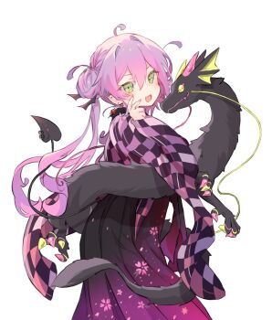 1girl ahoge black_hakama black_skirt checkered_clothes checkered_kimono colored_inner_hair demon_girl demon_tail double_bun fang floral_print floral_print_hakama floral_print_skirt gradient_clothes gradient_hakama gradient_skirt green_eyes hair_between_eyes hair_bun hair_intakes hakama highres hololive japanese_clothes kimono long_hair long_sleeves looking_at_viewer multicolored_hair nail_polish nekonika_(e102k) official_alternate_costume open_mouth piercing pink_hair pink_nails pointy_ears print_skirt purple_hair purple_hakama purple_skirt simple_background skin_fang skirt solo streaked_hair tail tail_ornament tail_piercing tokoyami_towa tokoyami_towa_(new_year) twintails virtual_youtuber white_background wide_sleeves