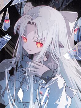 1girl coat commentary_request glass_shards highres long_hair looking_at_viewer melty_blood parted_lips pointy_ears red_eyes smile solo sumi_keiichi tsukihime upper_body white_coat white_hair white_len_(tsukihime)