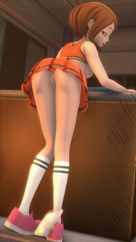 1girl 3d anus ass bent_over bent_over_furniture black_eyes blush bob_cut boku_no_hero_academia breasts brown_hair cheerleader crop_top crop_top_lift ears evening female_focus from_behind from_below highres indoors kneehighs looking_back medium_breasts no_panties open_mouth orange_skirt panties panties_around_leg pigeon-toed pink_shoes pleated_skirt presenting pussy shoes skirt sneakers socks solo source_filmmaker_(medium) standing sunset thighs underwear uraraka_ochako