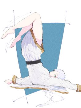 1girl arms_at_sides barefoot belt blue_background commentary dress dress_tug feet frieren full_body green_eyes highres kaneko_ryou legs_up long_hair long_sleeves looking_at_viewer lying on_back solo sousou_no_frieren thighs toes two-tone_background white_background white_dress white_hair