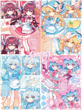 Rule 34 | 4girls, apron, blonde hair, blue hair, braid, dress, food, frilled dress, frills, hakurei reimu, hat, highres, izayoi sakuya, jersey maid, kirisame marisa, long hair, maid, multiple girls, pastel colors, red eyes, remilia scarlet, shirocha tei, short hair, sweets, touhou, unconventional maid, wings, witch hat