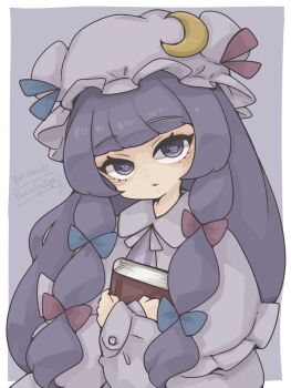 Rule 34 | 1girl, blue bow, blunt bangs, book, bow, commentary, crossed arms, dress, green dress, hair bow, harukairo, hat, highres, holding, holding book, long hair, long sleeves, looking at viewer, mob cap, parted lips, patchouli knowledge, purple eyes, purple hair, purple hat, red bow, sleeves past wrists, solo, striped clothes, striped dress, touhou, untranslatable commentary, upper body, vertical-striped clothes, vertical-striped dress