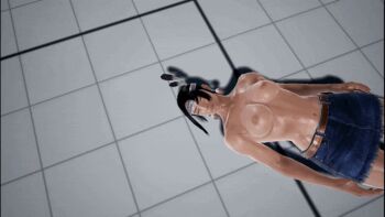 1girl 3d animated animated_gif breasts denim denim_skirt julia_chang large_breasts nipples on_floor ryona skirt solo tekken topless_female