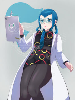 1girl bags_under_eyes black_dress blue_eyes blue_hair blue_necktie coat commentary_request dress eyelashes gen_4_pokemon grey_background hair_rings highres long_sleeves looking_down mable_(pokemon) medium_hair mun_wa_maro necktie nintendo open_clothes open_coat pantyhose pokemon pokemon_legends:_z-a rotom rotom_phone sunglasses watermark white_coat