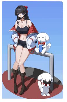 1girl absurdres against_railing black_boots black_camisole black_choker black_hair black_shorts blue_background blue_eyes boots border breasts camisole choker cleavage closed_mouth coat collarbone commentary_request creature crop_top full_body haedungi_(shirayuki_hina) hair_ornament hands_in_pockets heart heart_hair_ornament highres korean_commentary large_breasts leaning_back long_hair mask mask_pull mouth_mask navel off_shoulder open_clothes open_coat railing shadow shirayuki_hina short_shorts shorts smile split_mouth standing stellive stomach straight_hair virtual_youtuber white_border white_coat yeongae1211