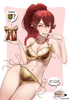 1girl absurdres alternate_costume anna_(fire_emblem) artist_self-insert bare_arms bikini bowing box breasts cleavage collarbone commentary_request cowboy_shot dogeza english_text finger_to_face fire_emblem gift gift_box gold_bikini gold_bow hair_ornament high_ponytail highres holding holding_gift kaden08mm light_smile long_hair medium_breasts navel nintendo one_eye_closed open_mouth ponytail red_eyes red_hair side-tie_bikini_top solo_focus speech_bubble star_(symbol) star_hair_ornament stomach swimsuit twitter_username