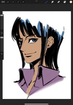 Rule 34 | 1girl, 2024, art program in frame, black hair, blue eyes, blunt bangs, closed mouth, collarbone, collared shirt, hashtag-only commentary, highres, looking at viewer, medium hair, mrjieshisu, nico robin, nico robin (alabasta), one piece, pink shirt, portrait, shirt, simple background, smile, solo, white background