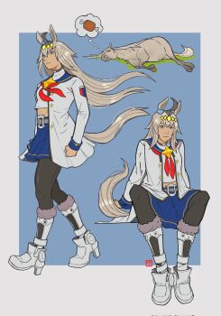 Rule 34 | 1girl, ahoge, animal ears, black pantyhose, blue eyes, blue sailor collar, blue skirt, boned meat, boots, breasts, brooch, closed eyes, closed mouth, commentary, creature and personification, ear ornament, english commentary, food, grey hair, grey tail, hair between eyes, hair ornament, hairband, highres, horse, horse ears, horse girl, horse tail, jacket, jewelry, long hair, long sleeves, lying, madslineart, meat, midriff, multicolored hair, navel, neckerchief, oguri cap (racehorse), oguri cap (starlight beat) (umamusume), oguri cap (umamusume), on side, pantyhose, personification, real life, red neckerchief, sailor collar, shirt, skirt, speech bubble, spoken food, star brooch, tail, thought bubble, umamusume, white boots, white jacket
