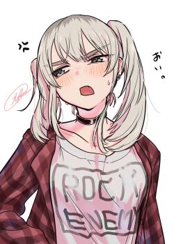 Rule 34 | 1girl, alternate hairstyle, ayataka syumimi, black choker, blush, choker, clothes writing, colored inner hair, commentary, fang, girls band cry, grey hair, highres, jacket, kawaragi momoka, long hair, multicolored hair, open clothes, open jacket, open mouth, pink hair, plaid clothes, plaid jacket, red jacket, roots (hair), shirt, simple background, solo, sweatdrop, symbol-only commentary, twintails day, upper body, white background, white shirt