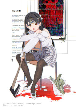 1girl absurdres ambiguous_red_liquid axe bag banknote black_hair black_pantyhose brown_eyes chair clothing_cutout commentary dated english_commentary english_text goshichi_shoji grey_skirt hair_ornament hairclip highres holding holding_axe long_hair long_sleeves looking_at_viewer mirrored_text money on_chair open_mouth original pantyhose plaid_clothes plaid_skirt school_chair shoes shoulder_cutout signature sitting sitting_backwards skirt smile solo sweater very_long_hair white_shoes white_sweater