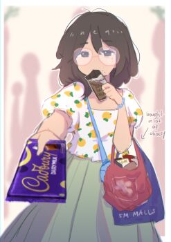 Rule 34 | 1girl, absurdres, bag, black hair, blurry, bracelet, chocolate, commentary, food, glasses, highres, jewelry, looking at viewer, necklace, neqo (neneneqo), original, shirt, skirt, solo, untranslatable commentary