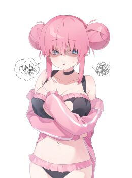 1girl absurdres bags_under_eyes bare_shoulders bikini black_bikini black_choker blue_eyes blush bocchi_the_rock! breasts choker collarbone commentary_request covering_breasts covering_privates doodles double_bun frilled_bikini frills gotoh_hitori hair_between_eyes hair_bun highres huge_breasts jacket long_sleeves looking_to_the_side navel open_clothes open_jacket open_mouth p_changgun pink_hair pink_jacket simple_background solo speech_bubble squiggle stomach sweatdrop swimsuit thighs thought_bubble track_jacket white_background