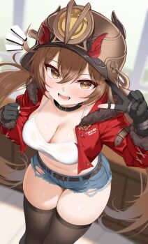 1girl belt belt_collar black_belt black_collar black_gloves black_thighhighs blue_shorts breasts brown_eyes brown_hair brown_helmet chinese_commentary cleavage collar commentary_request crop_top cropped_jacket duet_night_abyss fur-trimmed_jacket fur_trim gloves hair_between_eyes hand_up helmet highres ineedu041_tako jacket light_blush long_hair looking_at_viewer low_twintails margie_(duet_night_abyss) medium_breasts midriff navel open_clothes open_jacket open_mouth red_jacket short_shorts shorts signature smile solo speech_bubble textless_version thighhighs torn_clothes torn_shorts twintails v