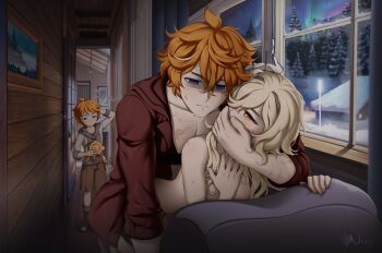 1girl 2boys @_@ blonde_hair blue_eyes blush brown_shorts caught clothed_male_nude_female completely_nude covering_another&#039;s_mouth empty_eyes flower gagged genshin_impact hair_flower hair_ornament half-closed_eyes hand_gagged hand_over_another&#039;s_mouth hand_over_another&#039;s_mouth hetero indoors lumine_(genshin_impact) multiple_boys multiple_scars nude open_clothes open_shirt orange_hair red_shirt ruin_guard_(genshin_impact) russian_commentary scar scar_on_chest sex sex_from_behind shailo shirt short_hair shorts signature sweatdrop tartaglia_(genshin_impact) teucer_(genshin_impact) toy walk-in wavy_mouth white_flower