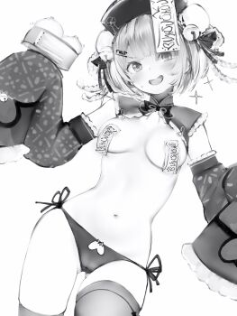 1girl absurdres areola_slip bamboo_steamer bell bell_sleeves braid braided_hair_rings breasts breasts_apart bun_cover cameltoe chinese_clothes contrapposto cowboy_shot detached_collar detached_sleeves double_bun food frilled_sleeves frills greyscale hair_bell hair_bun hair_ornament hair_ribbon hair_rings hands_up hat highres hololive jiangshi_costume jingle_bell long_sleeves looking_at_viewer mandarin_collar medium_breasts momosuzu_nene momosuzu_nene_(jiangshi) monochrome nanashi_(nlo) navel no_pants official_alternate_costume official_alternate_hairstyle ofuda ofuda_on_head ofuda_on_nipples open_mouth panties pasties qingdai_guanmao ribbon side-tie_panties side_up_bun simple_background sleeves_past_fingers sleeves_past_wrists solo sparkle steamed_bun stomach sweatdrop thighs topless_female underwear v-shaped_eyebrows virtual_youtuber white_background