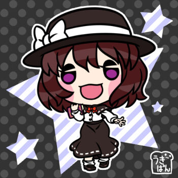 Rule 34 | 1girl, black capelet, black hat, black shoes, black skirt, blush, bow, bowtie, brown hair, capelet, chibi, chibi only, commentary request, full body, hat, hat bow, long sleeves, looking at viewer, lowres, open mouth, polka dot, polka dot background, purple eyes, red bow, red bowtie, ribbon-trimmed capelet, ribbon-trimmed skirt, ribbon trim, shirt, shirt tucked in, shoes, signature, skirt, socks, solo, star (symbol), touhou, ukipan, usami renko, white shirt, white socks