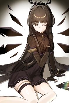 1girl absurdres arknights arm_support black_dress black_eyes black_gloves black_hair black_halo black_wings blunt_bangs broken_halo closed_mouth dark_halo detached_wings dress energy_wings gloves halo highres hime_cut long_hair looking_at_viewer nishimiya_aki one_eye_closed sidelocks sitting solo very_long_hair virtuosa_(arknights) wings