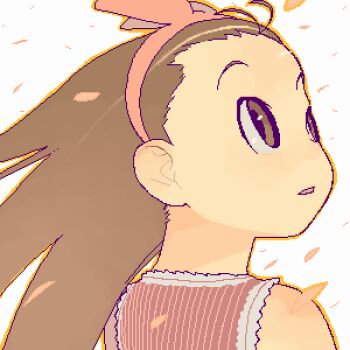 Rule 34 | 1girl, bare shoulders, brown eyes, brown hair, commentary request, dress, hairband, hijiri rei, idolmaster, idolmaster (classic), long hair, looking up, lowres, minase iori, oekaki, petals, pink dress, solo, upper body, wind