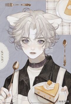 1boy animal_ears baichuan_baichuan black_shirt blonde_hair blue_eyes cake choker commentary food fork holding holding_spoon looking_at_viewer male_focus original overalls shirt spoon symbol-only_commentary white_overalls