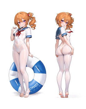 1girl absurdres back_cutout back_peek breasts cameltoe clothing_cutout commentary_request highres loli long_hair looking_at_another multiple_views navel one-piece_swimsuit orange_hair pantyhose purple_eyes sailor_collar short_sleeves side_ponytail small_breasts stirrup_legwear stmast stomach swimsuit tashkent_(warship_girls_r) toeless_legwear warship_girls_r white_one-piece_swimsuit white_pantyhose