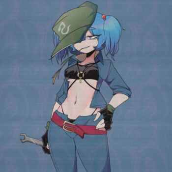 1girl belt black_gloves blue_background blue_hair blue_pants blue_vest commentary_request crop_top film_grain fingerless_gloves flat_cap gloves green_hat hair_over_one_eye hat highres holding holding_wrench kawashiro_nitori navel pants purple_eyes short_hair simple_background solo touhou two_side_up vest wrench zoruzorarara