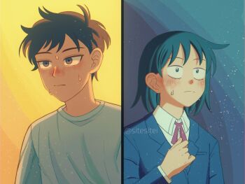 1boy 1girl :| black_hair blazer blue_background blue_eyes blue_jacket blush closed_mouth collared_shirt commentary_request dress_shirt futsuu_no_keion-bu grey_eyes hand_up hatono_chihiro highres jacket mizuo_haruichi neck_ribbon orange_background red_ribbon ribbon scene_reference school_uniform shirt short_hair sitesitei split_screen split_theme sweat tsurime upper_body white_shirt