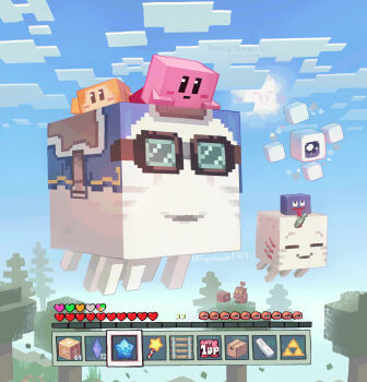 1up absurdres aviator_cap blue_sky blush_stickers box cardboard_box cloud commentary_request controller crossover day fake_screenshot fish flying game_controller gameplay_mechanics ghast goggles gooey_(kirby) happy_ghast heart highres invincible_candy kirby kirby_(series) kracko_jr. maxim_tomato minecraft nintendo no_humans one-eyed outdoors railroad_tracks sky smile star_block star_rod suyasuyabi tree triforce twitter_username waddle_dee watermark wii_remote